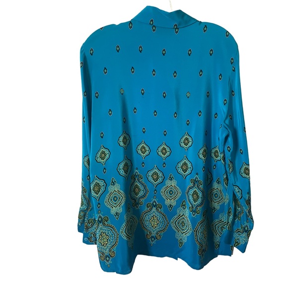 Vintage Silk Blouse By Beth Terrell Blue Geo Print Top Size M Sustainable Office - Picture 3 of 12